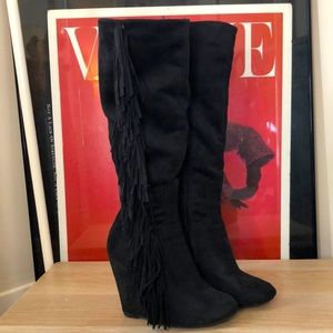 Fringe black western suede knee high y2k platform boots sz 6